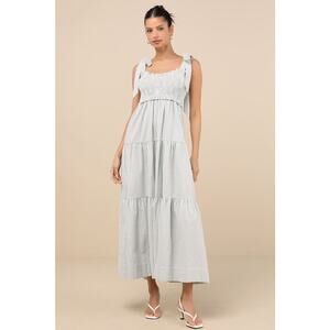 NWT Lulus Bembe Sage Striped Tie-Strap Tiered Maxi Dress Smocked Beachy Size XL